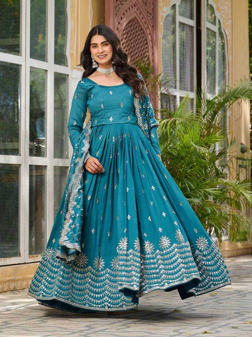 Vichitra Silk Embroidery Long Gowns - MYLUXURY LANE ENTERPRISE